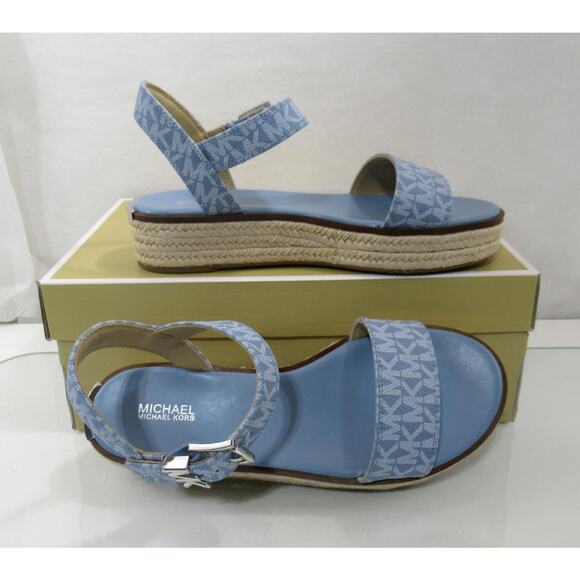 Michael Kors Richie Espadrille Platform Wedge Sandals MK Logo Blue - Picture 7 of 8